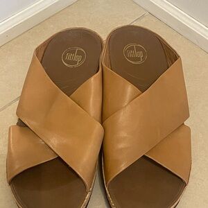 FitFlop Women's Brown / Tan Leather Cross-Strap Sandals Cork wedge 2"